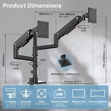 Підставка для монітора PUTORSEN для 2 моніторів, 17-49 дюймів, газ-амортизатор, регулювання висоти, поворот, VESA 75/100mm, чорний