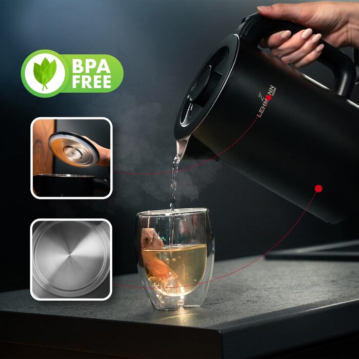 Електричний чайник LEHMANN з нержавіючої сталі 1,7л, 2200W, швидкий нагрів, подвійні стінки, автовимкнення та захист від перегріву, BPA-free, для дитячого харчування, чаю та кави, чорний