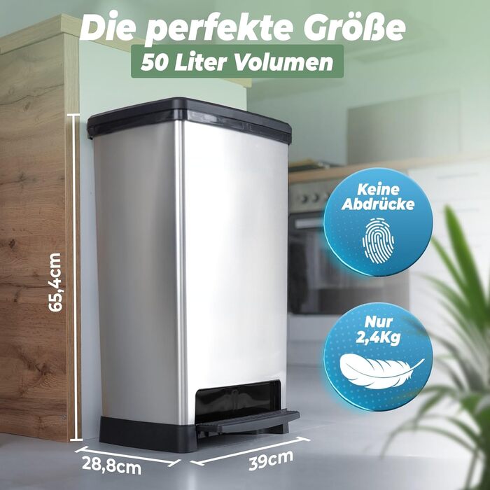 Нівалів Відро для сміття 50л з педаллю, м'яким закриттям та герметичним кришкою - відро для кухні та інші приміщення