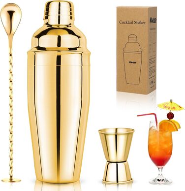 Набір шейкер для коктейлів 750 мл: професійний барний аксесуар з вбудованим ситом, мірний стаканчик та барна ложка. Ідеально для Мартіні, Маргарити та коктейлів (золотий)