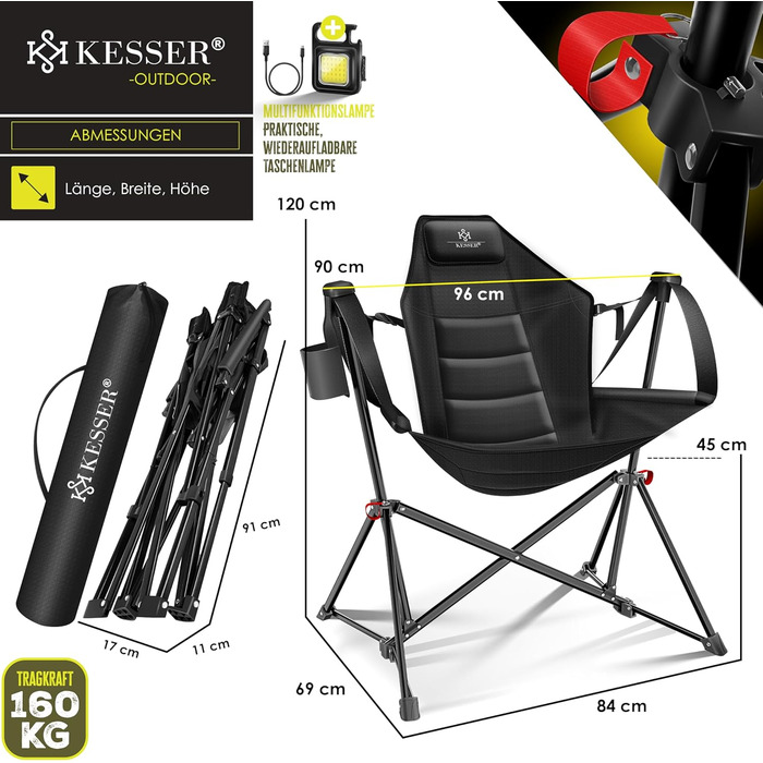 Крісло-гойдалка KESSER® для кемпінгу та риболовлі, 160 кг, з підсвіткою та тримачем для напоїв, сіре (чорне)