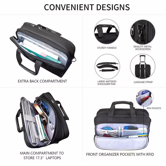 VANKEAN Laptop Bag for Men and Women, Fits up to 17.3-inch Laptop, Expandable Premium Laptop Briefcase, Water-Resistant Messenger Bag, Computer Bag for Business/School - Black