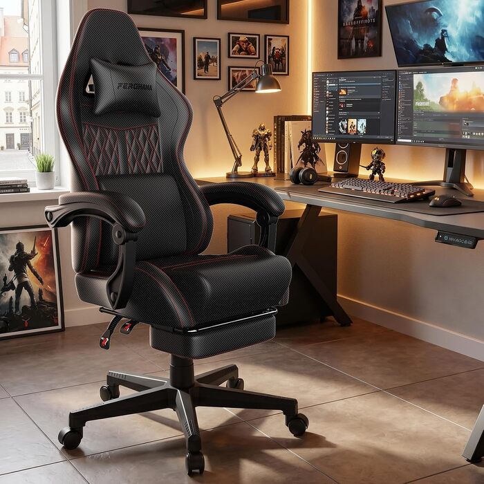 Ергономічне ігрове крісло Gaming Stuhl з підставкою для ніг, регульованою спинкою (90–135°), поперековою та підголівником, офісне комп'ютерне крісло геймера (Чорне)
