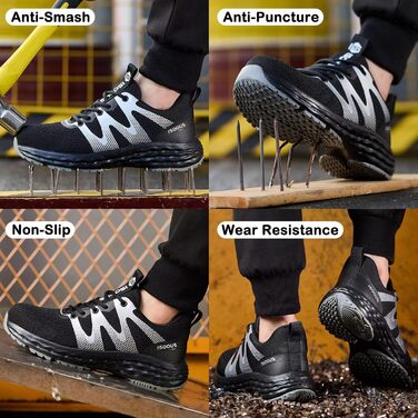 Черевики робочі ISOOUS для чоловіків та жінок. Безпекові черевики з металевим капом, антиковзаючі, дихаючі, спортивного стилю (37 EU, Чорний)