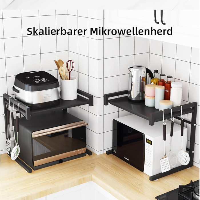 Стійка для мікрохвильової печі, 2-ярусна, чорна. Розширювана, з 6 гачками. Розміри: 36–57 x 36,5 x 80 см