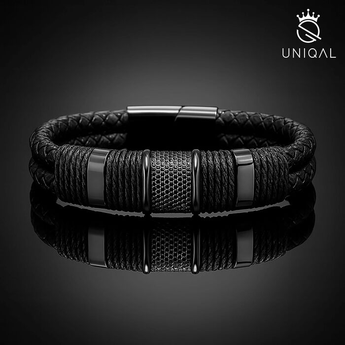 Чоловічий браслет UNIQAL з натуральної шкіри та нержавіючої сталі 'Premium Style' | Чорний колір, 23 см | Безкоштовна коробочка