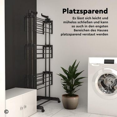 Сушарка для білизни VertiSlim складана, вежа з 4 рівнями, нержавіюча сталь, на колесах, чорна - для дому та вулиці