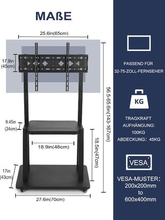 Підставка для телевізора на колесах, мобільний телевізійний візок для 32-75 дюймів LED/LCD/OLED, регульована по висоті, чорна, з полицями для ноутбука та DVD