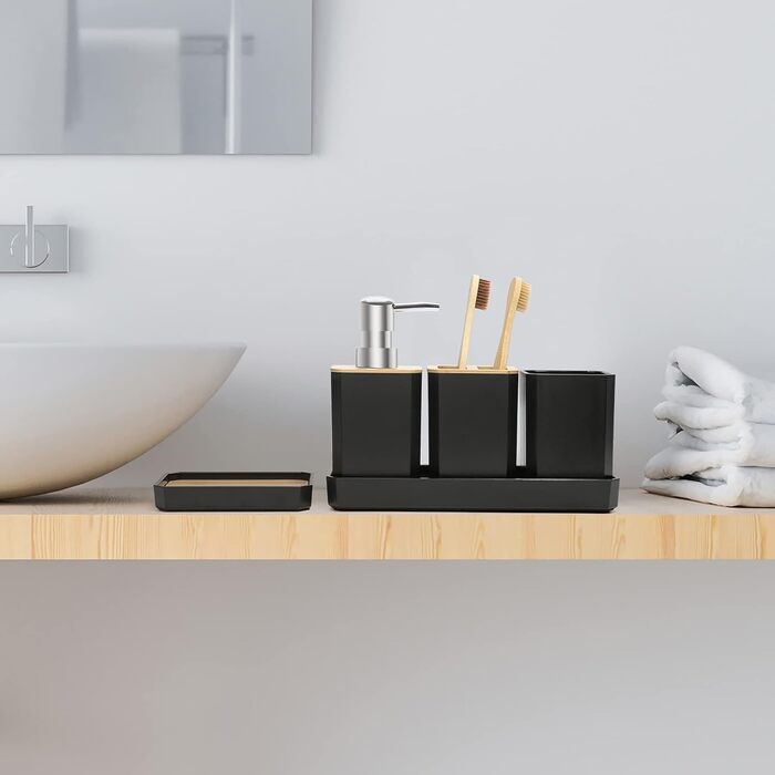 Набір аксесуарів для ванної кімнати FEILANDUO, 5 шт: дозатор для мила, мильниця, тримач для зубних щіток, стакан для зубної пасти, піднос для косметики, Бохо, чорний