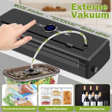 Вакуумний пакувальник KLGFI 7-в-1: професійний апарат для пакування продуктів з подвійною зварювальною швом, з нарізкою та цифровим лічильником. У комплекті 50 вакуумних пакетів. Чорний колір.