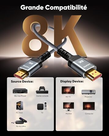 HDMI кабель SNOWKIDS 8K@60Hz 2M, HDMI 2.1, 48Gbit/s, 4K@120Hz, Dolby Vision, DTS:X, HDCP 2.2/2.3, HDR 10, eARC, HDR, сумісний з PS5, HDTV, проектором, PC, монітором, PS4