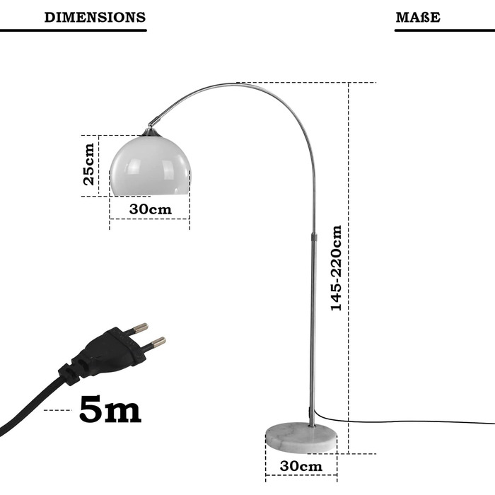 Торшер Jago Bogenleuchte білий, регульована висота 145-220 см, 1xE27 LED 60W, енергоефективність A++-E
