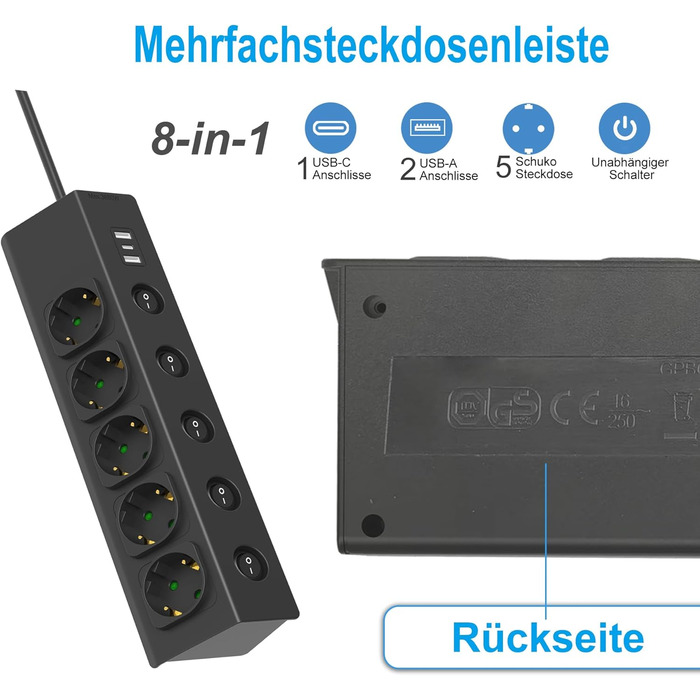 Багаторозкладна мережева розетка з USB, 5-портова, з індивідуальними вимикачами, для кухні, зі сталевою передньою панеллю, кабель 2м
