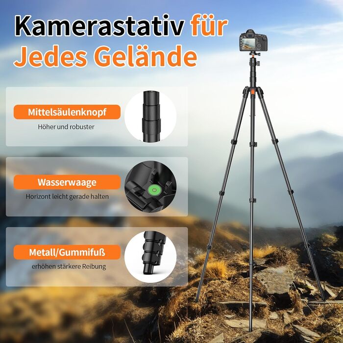 Штатив для камери XXZU 180 см, легкий, для DSLR/смартфона, з кульковою головкою 360° та 1/4-дюймовою різьбою, чорний