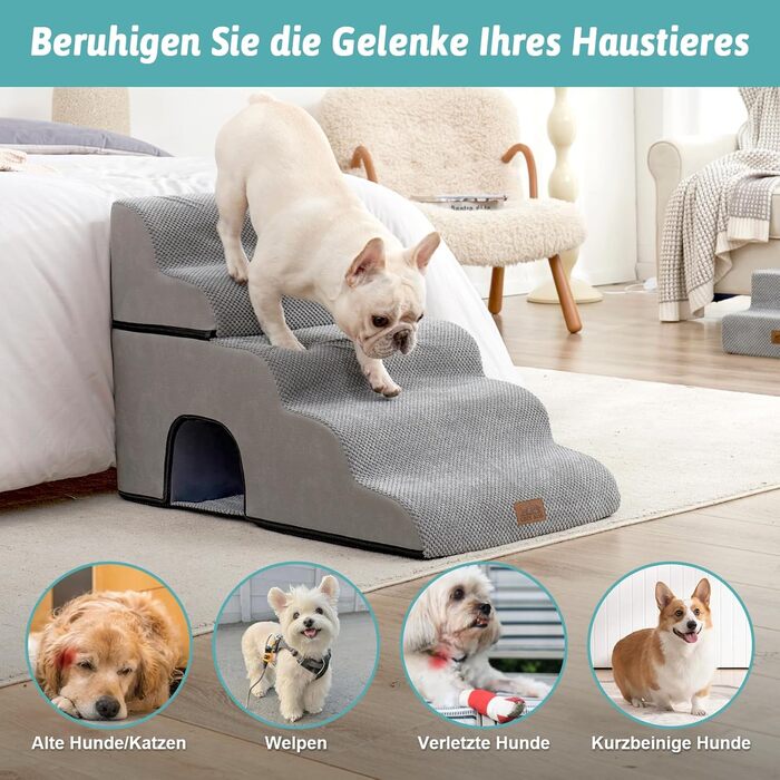 Dog stairs for small dogs, pet stairs for loft beds made of high-density sponge, dog stairs/ramp with washable cover (gray, 83x50x57cm-hole, 5.0)