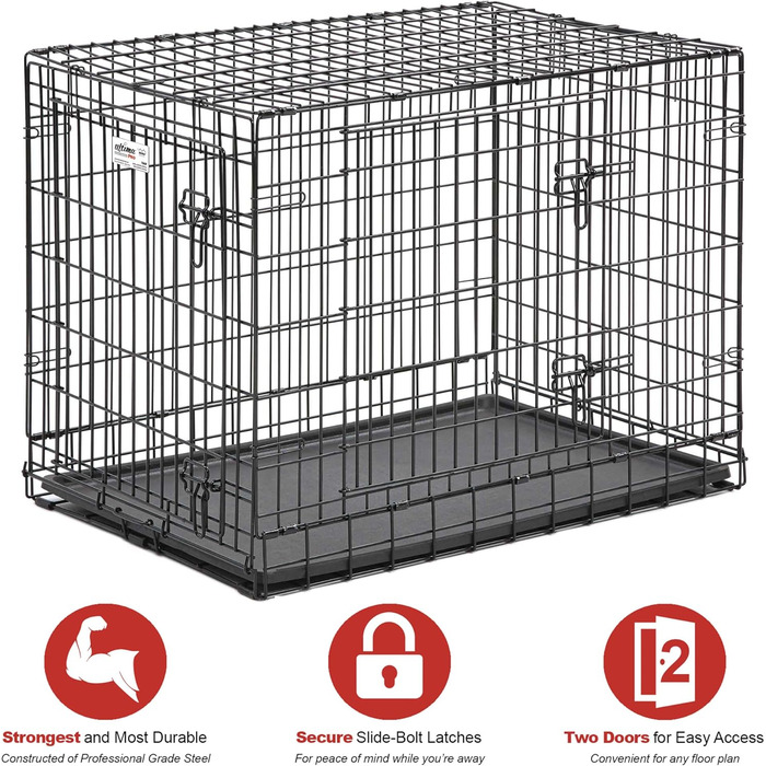 Кія для собак Ultima Pro Series 748UP від Midwest Homes for Pets: міцна, з подвійними дверима, металева, з перегородкою, на коліщатках, з піддоном, чорна, 122 см