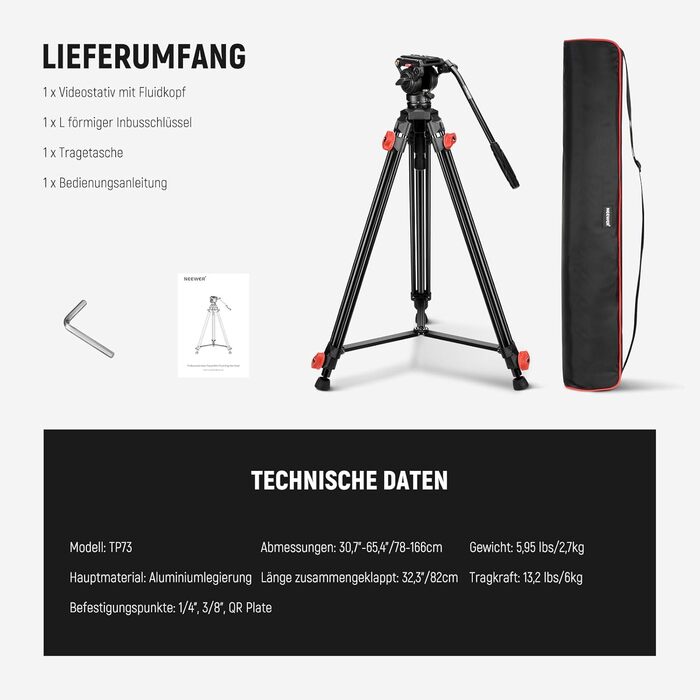 Штатив для камери Neewer з пливним упором TP73 для DSLR, Camcorder, DJI Gimbals, Manfrotto QR Plates, до 6 кг