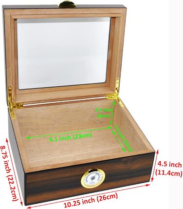 Вологозбережувач для сигар Eitida на 25-50 сигар з дисплеєм з загартованого скла, ручної роботи, з іспанського червоного кедру з перегородкою, зволожувачем та гігрометром, чорний ебоніт (Сантос Палісандр)