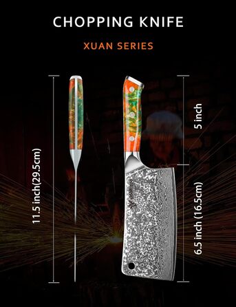 Ніж м'ясник Sanmuzuo Hackmesser 17 см, професійний, Дамаск, Xuan Serie, VG10 сталь, ручка з епоксидної смоли (сапфірово-блакитна)