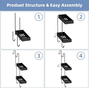 Підставка для душу настінна, полиця для душу з кріпленням для скляних душових кабін, тримач для шампуню в душ, корзина для душу без свердління, чорна з 8 гачками, нержавіюча сталь 65.5x30x11.2 см