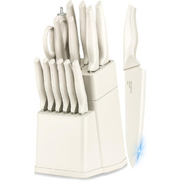 Набір ножів Joyfair 15 предметів з підставкою, з високоякісної вуглецевої сталі, з точильним каменем, для кухні, з кухонним ножем, ножем для хліба, ножицями, для нарізання та подрібнення (білий)