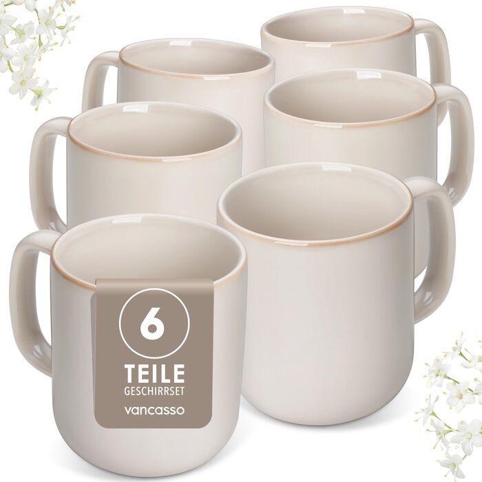 Набір кавових чашок Vancasso PLAYA, 6 шт, 480 мл, з ручкою, з кераміки, для мікрохвильовки та посудомийної машини, бежевий