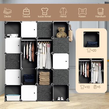 Wardrobe, Portable Shelf System, 20 Cube DIY Shelf System Wardrobe Open Plastic Closet with Doors Wardrobe Closet White 180 x 142 x 37CM (20 Cubes - Black and White with 2 Clothes Hooks)
