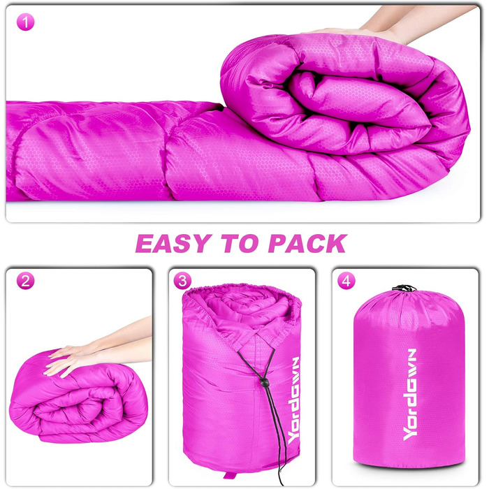 Yordawn Sleeping Bag - Ultralight 3-4 Season Sleeping Bag for Adults & Kids - Waterproof & Compact Travel Sleeping Bag (Rose Pink)