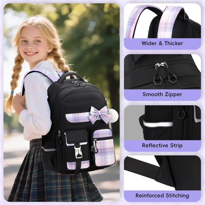 Шкільний рюкзак Tanou для дівчаток, водонепроникний, з візком, 9-16 років, чорний