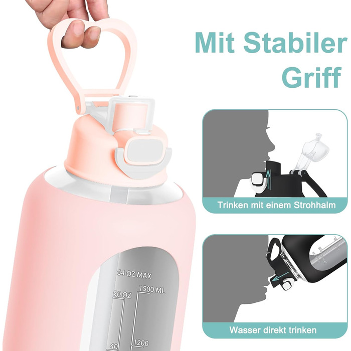 2 Liter Glass Drinking Bottle, 2L Glass Bottle, Glass Water Bottle with Straw, Bottle Brush (Pink)
