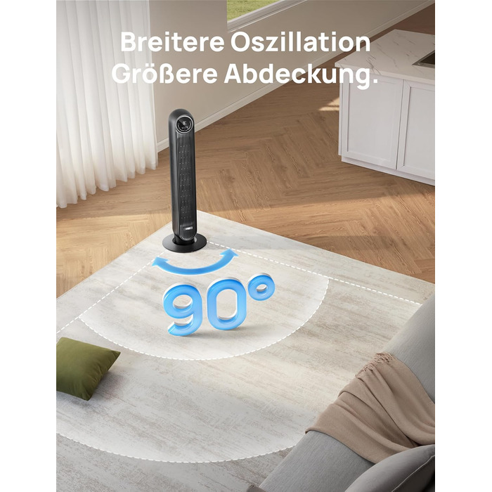 Турбовентилятор Dreo з потужним мотором DC: тихий, з радіусом дії 11 м, з пультом керування, 9 режимів, 4 моди, 90° осциляція, таймер 12 годин. Ідеально для спальні.