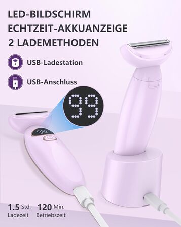 Електричний жіночий тример 3-в-1 для тіла, обличчя, Bikinizone, ніг, USB-зарядка, водонепроникний IPX7, білий (фіолетовий)