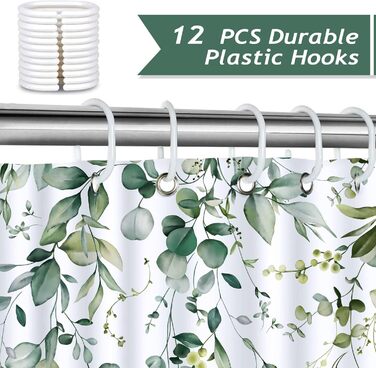 Шторка для душу Bonhause з зеленими листями, рослинний принт, 180 x 180 см, антигрибкова, водовідштовхувальна, поліестер, для ванної кімнати, з 12 гачками