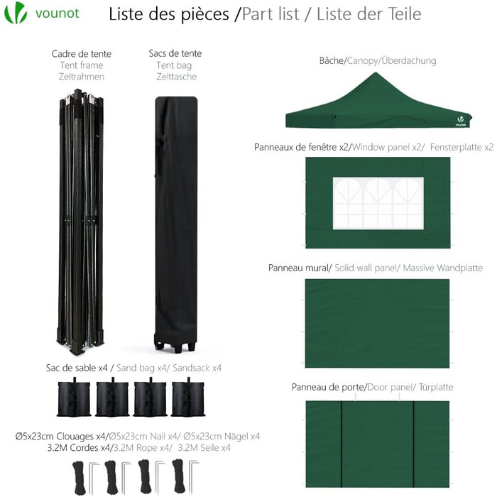 VOUNOT Gazebo 3x3m Waterproof Stable Winterproof, Pop Up Folding Gazebo with 4 Side Walls and 4 Sandbags, Party Gazebo Folding Garden Tent Party Tent, (Green)