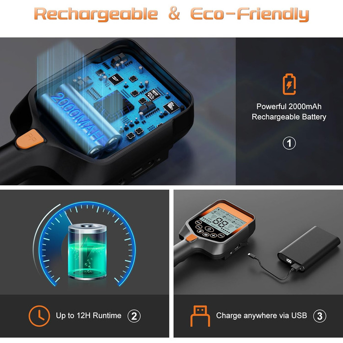 Металошукач для дорослих - акумуляторний, складаний, водонепроникний, з лопатою, рюкзаком, навушниками, професійний дизайн з LCD-дисплеєм (блакитне підсвічування), помаранчевий