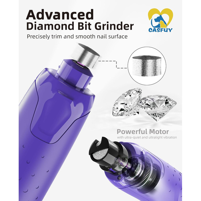 Електричний точилка для кігтів собак Casfuy - 6 режимів, 45 dB, з LED-підсвіткою, для великих, середніх та маленьких собак, з захистом від пилу (білий, фіолетовий)