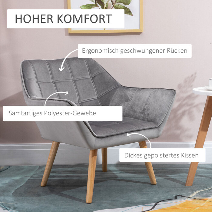 HOMCOM крісло-мішок одноразове крісло-релакс з велюром, скандинавський стиль, підняті ніжки, велюровий поліестер, сірий, 64 x 62 x 72,5 см