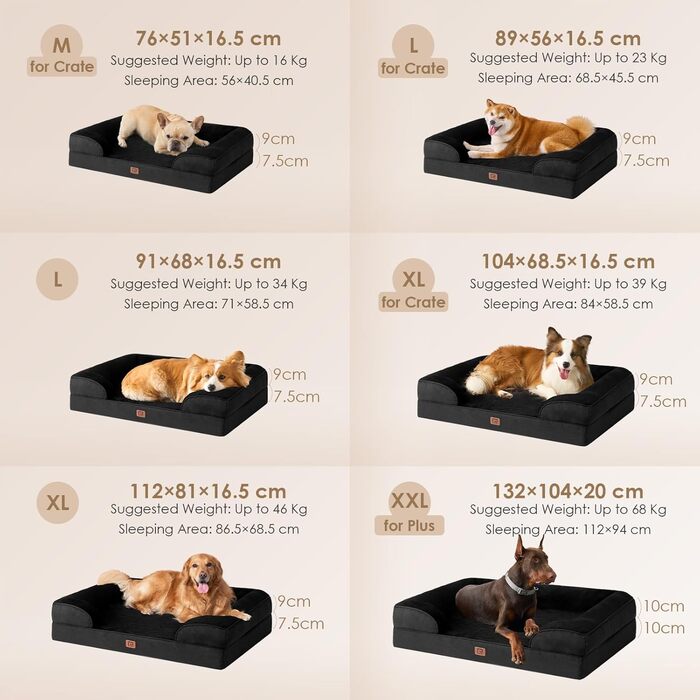 Ортопедичне ліжко для собак EHEYCIGA, великі та середні породи, 91x68 см, Memory Foam, миється, вологостійке, з високим бортиком (89x56x17 см), чорне