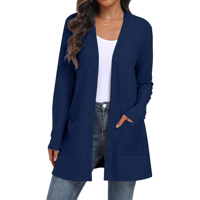 Жіночий в'язаний кардиган QIXING з кишенями, оливковий колір, розмір XXL, колір Königsblau (королівський синій)