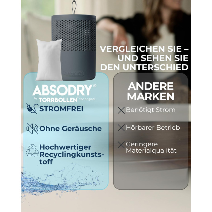 Безструменевий осушувач повітря AbsoDry до 25 м² - з поповнюваним пакетом - з переробленого пластику - для вітальні, ванної кімнати, підвалу - осушувач для квартири