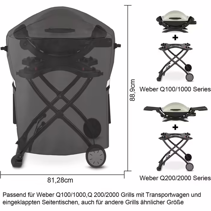 Чохол для гриля Weber Q 1000/2000 з візком, водонепроникний 600D Oxford, для моделей 50060001, 51060001, 54060001, міцний BBQ аксесуар