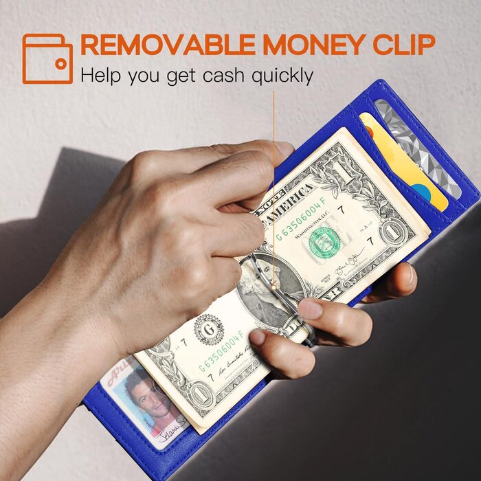 Чоловічий гаманець RUNBOX з натуральної шкіри, Slim модель, RFID захист, з кліпсою для грошей, подарункова коробка, синьо-чорний колір