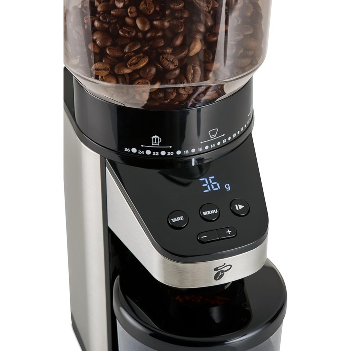 Електрична кавомолка Tchibo з вбудованими вагами, з нержавіючої сталі, конічні жорна, 26 ступенів помолу, чорно-срібна