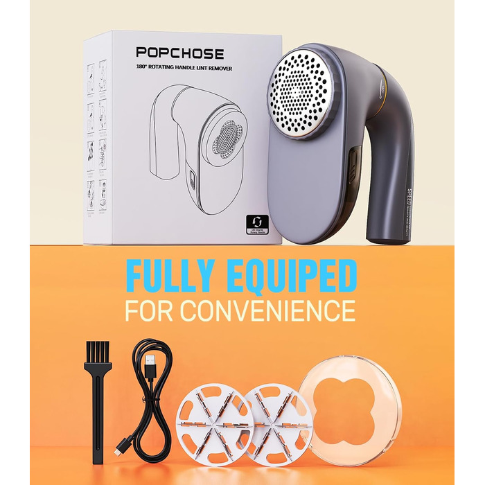 Електричний видальник ворсу POPCHOSE - бездротовий пристрій для видалення ворсу з одягу, меблів, 2000 mAh, 6 лез, 2 швидкості