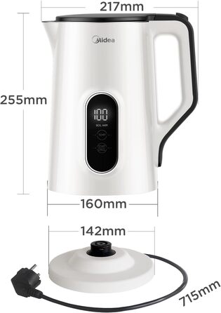 Midea 1.7L Electric Kettle - BPA Free, Fast Boil, LED Display, 360° Base, Dry Boil Protection
