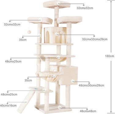 Великий котячий будиночок Hey-brother Kratzbaum XXL, 180 см, стабільний з сизалевим мотузком, велике дряпальний борд, кошик, 3 платформи та 2 будиночки (Бежевий)