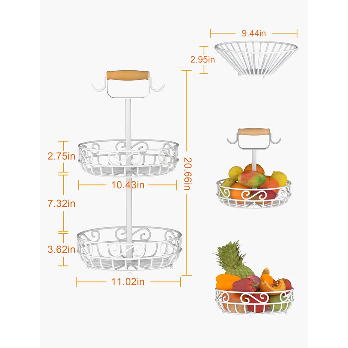Двоярусний фрутовий кошик Couwilson з підвісною конструкцією для бананів, дерев'яною ручкою та відсіком для овочів. Підходить для зберігання фруктів, овочів, хліба, цибулі та картоплі.