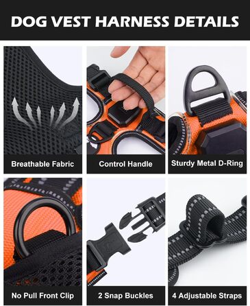 Світловідбиваючий нашийник для собак Joytale з підзарядкою, без натягування, з ручкою, для нічних прогулянок, чорно-синій, M (XL, 1 шт.), помаранчевий