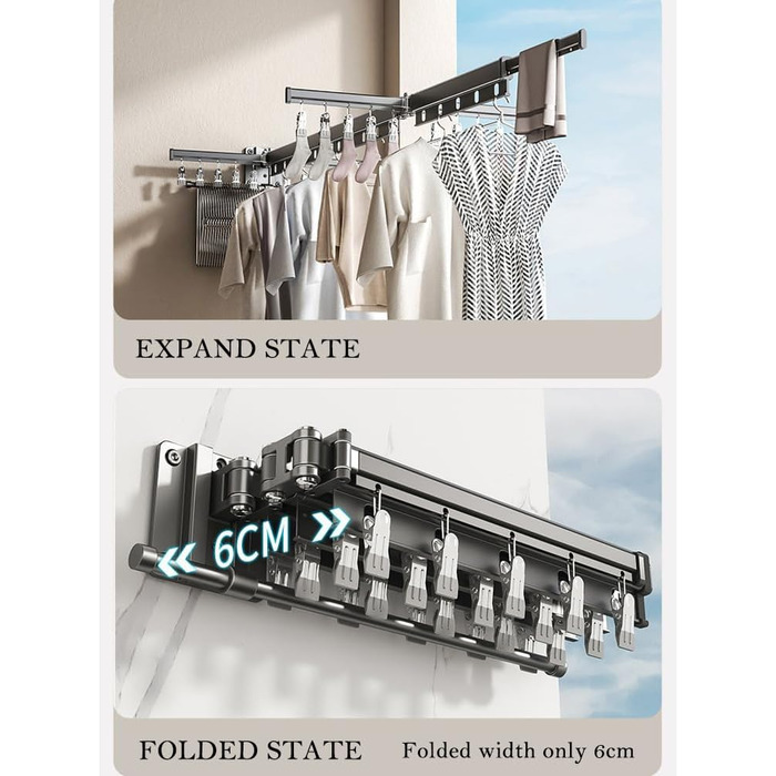 Настінна сушилка для білизни Hggzeg, розсувна, поворотна на 360°, з гачками, для балкона, ванної кімнати, пральні (свинцево-сірий)