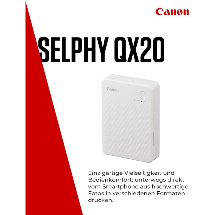 Canon Selphy QX20: Портативний принтер для друку з мобільного – бездротовий, термосублімаційний, USB-C, білий (без чорнил/паперу)